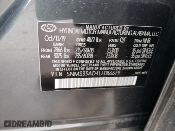 2020 Hyundai Santa Fe SEL with VIN 5NMS33AD4LH186679, listed as a Copart auction lot 39589543 with 16,092 mi miles and . Bid and sale history available at DreamBid. Image 14.
