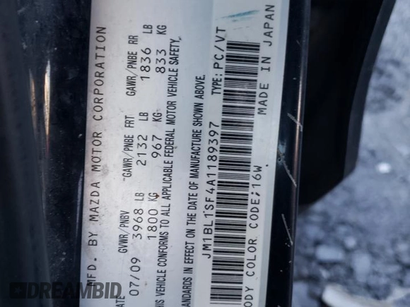 2010 Mazda 3 i Touring with VIN JM1BL1SF4A1189397, listed as a Copart auction lot 52922945 with Not Provided miles and Salvage Title. Bid and sale history available at DreamBid. Image 13.