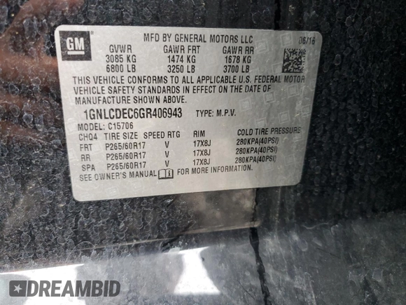 2016 Chevrolet Tahoe Commercial with VIN 1GNLCDEC6GR406943, listed as a Copart auction lot 51538255 with 180,037 mi miles and Salvage title. Bid and sale history available at DreamBid. Image 14.
