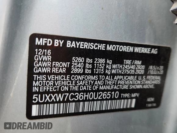 2017 BMW X4 M40i with VIN 5UXXW7C36H0U26510, listed as a Copart auction lot 62700515 with Not provided miles and Salvage title. Bid and sale history available at DreamBid. Image 13.