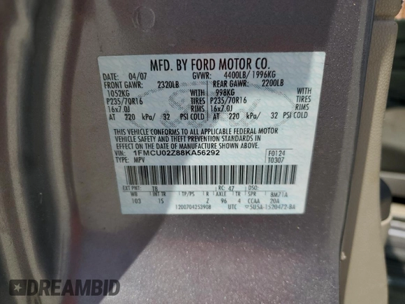 2008 Ford Escape XLS with VIN 1FMCU02Z88KA56292, listed as a Copart auction lot 55841815 with Not provided miles and Salvage title. Bid and sale history available at DreamBid. Image 14.