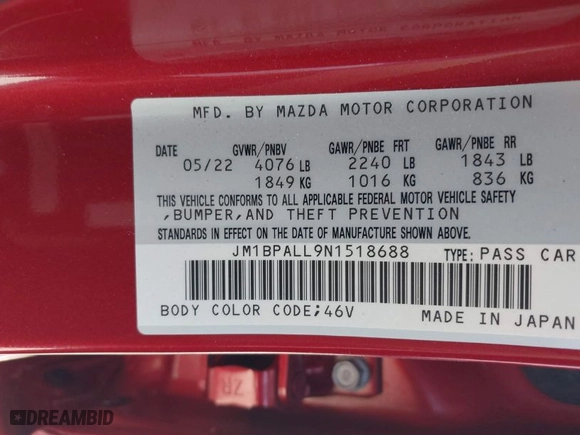 2022 Mazda Mazda3 Hatchback Preferred with VIN JM1BPALL9N1518688, listed as a IAAI auction lot 41968910 with 19,753 mi miles. Bid and sale history available at carsss.com. Image 9.