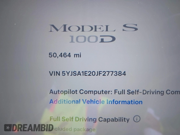 2018 Tesla Model S 75D z VIN 5YJSA1E20JF277384, wystawiony jako IAAI lot #42680941 z przebiegiem 50 464 mil mil oraz . Historia ofert i sprzedaży dostępna na DreamBid. Obrazek 16.