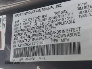2020 Acura RDX Technology with VIN 5J8TC2H54LL019140, listed as a IAAI auction lot 42102793 with 56,519 mi miles and . Bid and sale history available at DreamBid. Image 9.