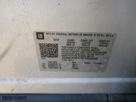 2019 Chevrolet Equinox LT with VIN 3GNAXVEX7KS552553, listed as a Copart auction lot 47212925 with 189,049 mi miles and Salvage Title. Bid and sale history available at carsss.com. Image 13.