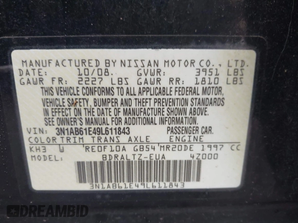 2009 Nissan Sentra 2.0 SL FE+ with VIN 3N1AB61E49L611843, listed as a IAAI auction lot 42462410 with 107,931 mi miles and . Bid and sale history available at DreamBid. Image 9.