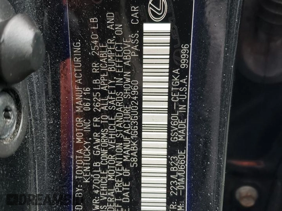 2016 Lexus ES 330 z VIN 58ABK1GG3GU024960, wystawiony jako Copart lot #51942715 z przebiegiem 65 449 mil mil oraz Szkoda całkowita • Salvage title. Historia ofert i sprzedaży dostępna na DreamBid. Obrazek 12.