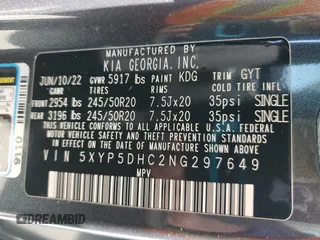 2022 Kia Telluride SX with VIN 5XYP5DHC2NG297649, listed as a Copart auction lot 54086565 with 26,111 mi miles and Salvage title. Bid and sale history available at DreamBid. Image 14.