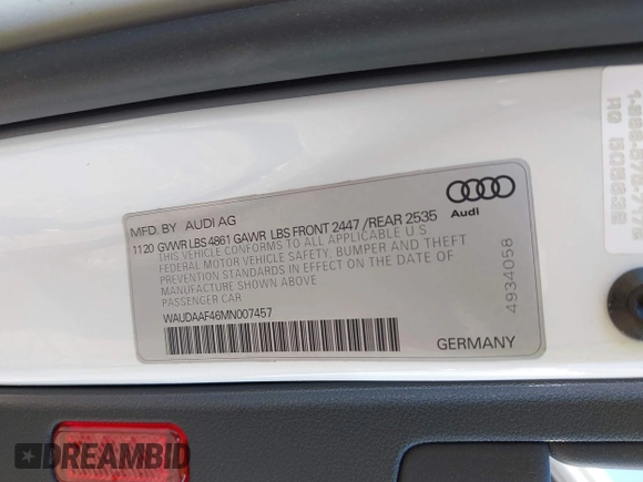 2021 Audi A4 S line Premium with VIN WAUDAAF46MN007457, listed as a IAAI auction lot 42143849 with 43,828 mi miles and . Bid and sale history available at DreamBid. Image 9.