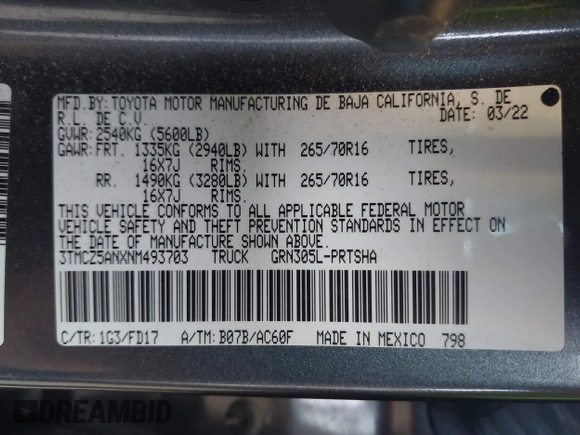 2022 Toyota Tacoma SR z VIN 3TMCZ5ANXNM493703, wystawiony jako IAAI lot #42139285 z przebiegiem 42 572 mil mil oraz . Historia ofert i sprzedaży dostępna na DreamBid. Obrazek 9.