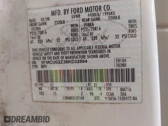2008 Ford Escape XLS with VIN 1FMCU02Z38KD32894, listed as a IAAI auction lot 42539802 with 149,891 mi miles and . Bid and sale history available at DreamBid. Image 9.
