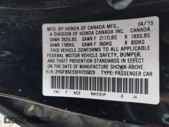 2015 Honda Civic Sedan Si with VIN 2HGFB6E55FH705829, listed as a IAAI auction lot 41876037 with 225,490 mi miles. Bid and sale history available at carsss.com. Image 9.