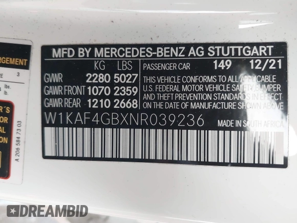 2022 Mercedes-Benz C 300 with VIN W1KAF4GBXNR039236, listed as a IAAI auction lot 41260787 with 20,658 mi miles and . Bid and sale history available at DreamBid. Image 12.