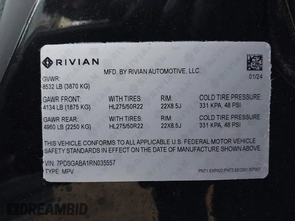 2024 Rivian R1S Adventure with VIN 7PDSGABA1RN035557, listed as a IAAI auction lot 41170478 with 5,210 mi miles. Bid and sale history available at carsss.com. Image 9.