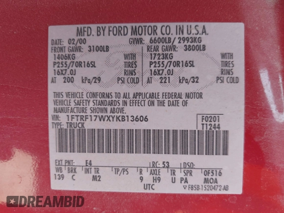 2000 Ford F-150 XL with VIN 1FTRF17WXYKB13606, listed as a IAAI auction lot 42203908 with 177,646 mi miles and . Bid and sale history available at DreamBid. Image 9.
