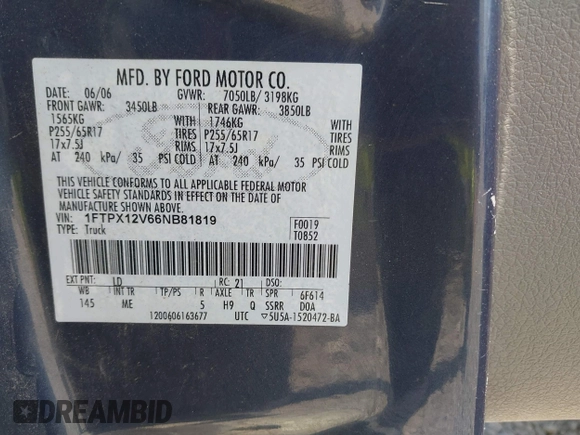 2006 Ford F-150 XL with VIN 1FTPX12V66NB81819, listed as a IAAI auction lot 42149966 with Not provided miles and . Bid and sale history available at DreamBid. Image 9.