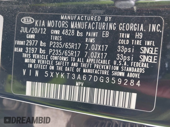 2013 Kia Sorento LX with VIN 5XYKT3A67DG359284, listed as a IAAI auction lot 42644742 with 258,998 mi miles and . Bid and sale history available at DreamBid. Image 9.