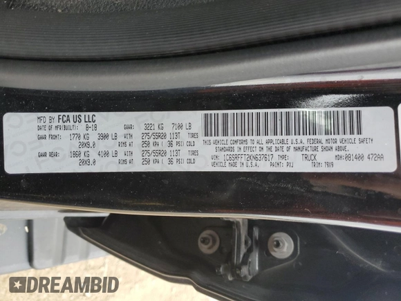 2019 Ram 1500 Big Horn/Lone Star with VIN 1C6SRFFT2KN637617, listed as a Copart auction lot 50555135 with 0 mi miles and Salvage Title. Bid and sale history available at carsss.com. Image 13.