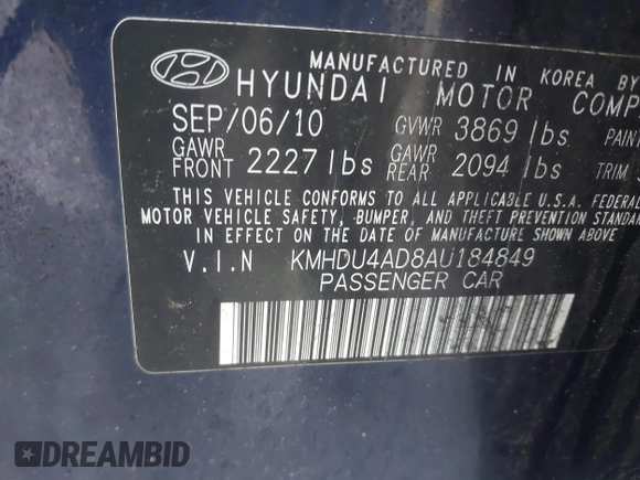 2010 Hyundai Elantra GLS z VIN KMHDU4AD8AU184849, wystawiony jako IAAI lot #42245110 z przebiegiem 173 960 mil mil oraz . Historia ofert i sprzedaży dostępna na DreamBid. Obrazek 9.