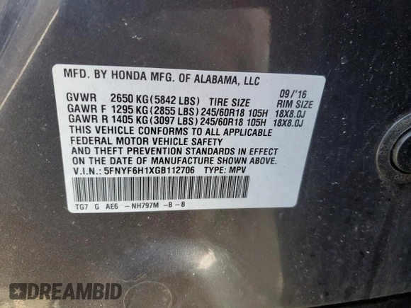 2016 Honda Pilot LX with VIN 5FNYF6H1XGB112706, listed as a Copart auction lot 47804085 with 0 mi miles and Salvage Title. Bid and sale history available at carsss.com. Image 12.
