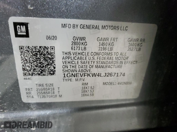 2020 Chevrolet Traverse LS with VIN 1GNEVFKW4LJ267174, listed as a Copart auction lot 53583505 with 71,416 mi miles and Salvage title. Bid and sale history available at DreamBid. Image 13.