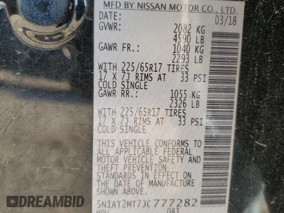 2018 Nissan Rogue S with VIN 5N1AT2MT7JC777282, listed as a Copart auction lot 49252155 with 180,883 mi miles and Salvage Title. Bid and sale history available at carsss.com. Image 13.