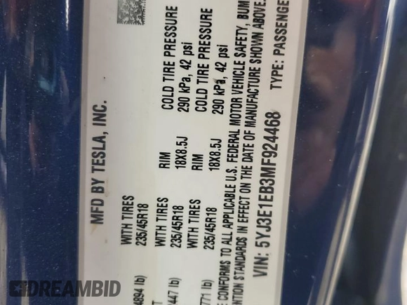 2021 Tesla Model 3 Long Range z VIN 5YJ3E1EB3MF924468, wystawiony jako Copart lot #55046745 z przebiegiem 29 446 mil mil oraz Szkoda całkowita • Salvage title. Historia ofert i sprzedaży dostępna na DreamBid. Obrazek 12.