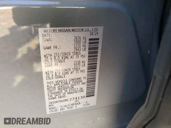 2024 Nissan Pathfinder Platinum with VIN 5N1DR3DG0RC274130, listed as a Copart auction lot 82859564 with 0 mi miles and Non Repairable. Bid and sale history available at carsss.com. Image 14.