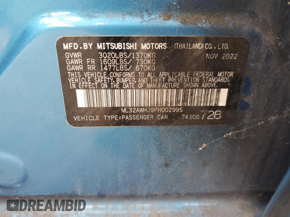2023 Mitsubishi Mirage Black Edition z VIN ML32AWHJ9PH002995, wystawiony jako Copart lot #59312535 z przebiegiem 33 276 mil mil oraz Czysty tytuł • Clean title. Historia ofert i sprzedaży dostępna na DreamBid. Obrazek 13.