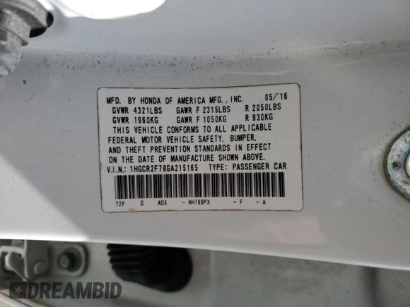 2016 Honda Accord Sedan EX with VIN 1HGCR2F78GA215165, listed as a Copart auction lot 49908215 with 116,869 mi miles and Clean Title. Bid and sale history available at carsss.com. Image 12.