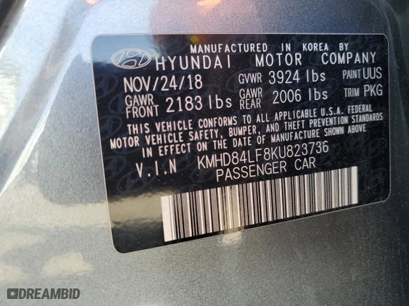 2019 Hyundai Elantra Preferred with VIN KMHD84LF8KU823736, listed as a Copart auction lot 42665585 with 102,132 mi miles and Salvage Title. Bid and sale history available at carsss.com. Image 12.