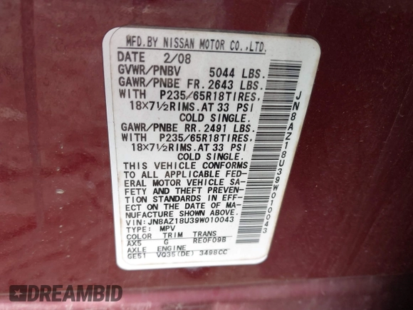 2009 Nissan Murano SL with VIN JN8AZ18U39W010043, listed as a IAAI auction lot 41772943 with 219,818 mi miles and . Bid and sale history available at DreamBid. Image 9.