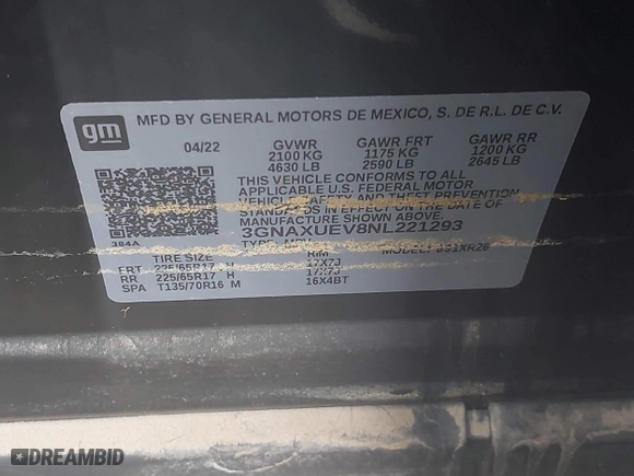 2022 Chevrolet Equinox LT with VIN 3GNAXUEV8NL221293, listed as a IAAI auction lot 41431585 with 1 mi miles. Bid and sale history available at carsss.com. Image 9.