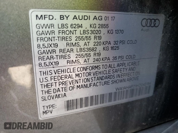 2017 Audi Q7 Premium with VIN WA1AHAF71HD043154, listed as a Copart auction lot 67232344 with 86,710 mi miles and Salvage title. Bid and sale history available at DreamBid. Image 16.