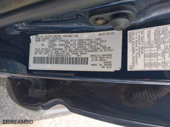 2003 Toyota 4Runner SR5 with VIN JTEZU14R638004274, listed as a IAAI auction lot 42108311 with 1 mi miles. Bid and sale history available at carsss.com. Image 9.