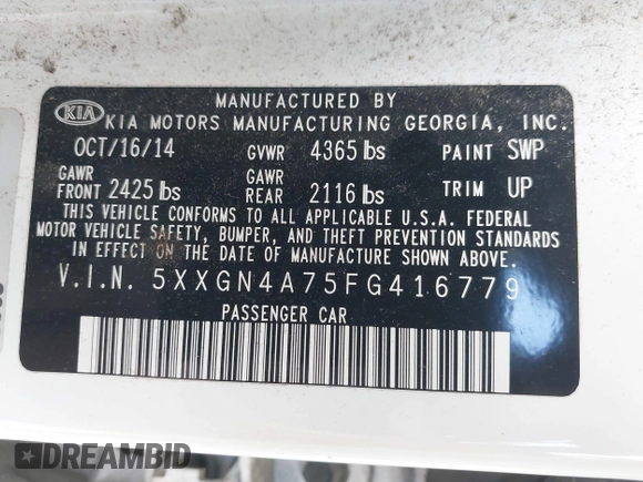2015 Kia Optima EX with VIN 5XXGN4A75FG416779, listed as a IAAI auction lot 42642416 with 145,683 mi miles and . Bid and sale history available at DreamBid. Image 9.