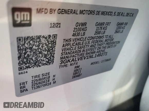 2022 GMC Terrain SLT with VIN 3GKALVEV1NL149271, listed as a IAAI auction lot 42052940 with 70,127 mi miles. Bid and sale history available at carsss.com. Image 1.
