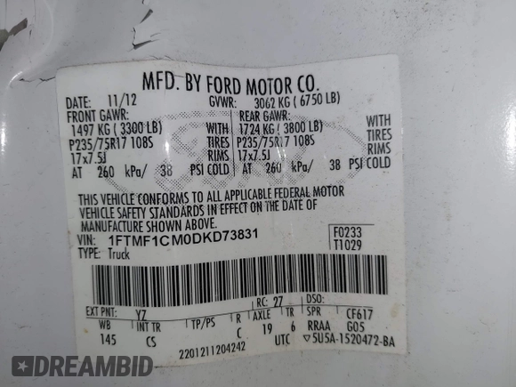 2013 Ford F-150 XL with VIN 1FTMF1CM0DKD73831, listed as a IAAI auction lot 42045838 with 249,295 mi miles and . Bid and sale history available at carsss.com. Image 9.