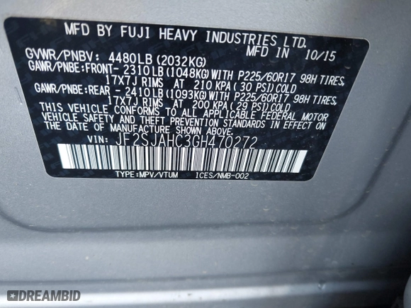 2016 Subaru Forester 2.5i Limited with VIN JF2SJAHC3GH470272, listed as a IAAI auction lot 41213615 with 213,427 mi miles. Bid and sale history available at carsss.com. Image 9.