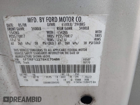 2008 Ford F-150 XL with VIN 1FTRF12278KE70486, listed as a IAAI auction lot 42523661 with 140,934 mi miles and . Bid and sale history available at DreamBid. Image 9.