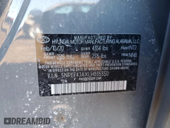 2020 Hyundai Sonata SEL z VIN 5NPEF4JAXLH035350, wystawiony jako Copart lot #49382765 z przebiegiem 80 259 mil mil oraz Szkoda całkowita • Salvage title. Historia ofert i sprzedaży dostępna na DreamBid. Obrazek 15.
