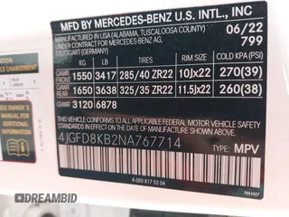 2022 Mercedes-Benz GLE 63 S AMG with VIN 4JGFD8KB2NA767714, listed as a IAAI auction lot 42359544 with 55,544 mi miles and . Bid and sale history available at DreamBid. Image 9.