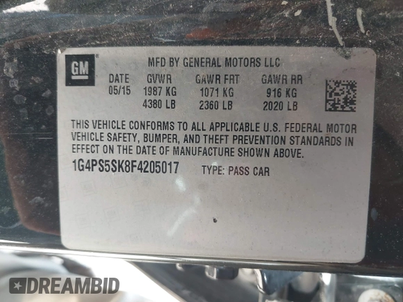 2015 Buick Verano Group with VIN 1G4PS5SK8F4205017, listed as a IAAI auction lot 42751050 with 199,703 mi miles and . Bid and sale history available at DreamBid. Image 9.