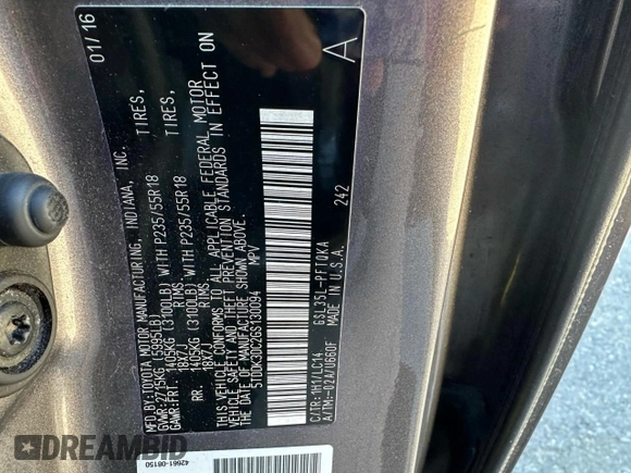 2016 Toyota Sienna Ltd with VIN 5TDDK3DC2GS130094, listed as a Copart auction lot 52756945 with 273,870 mi miles and Clean Title. Bid and sale history available at carsss.com. Image 10.