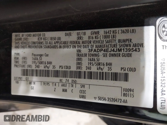 2018 Ford Fiesta SE with VIN 3FADP4EJ4JM139543, listed as a IAAI auction lot 41652653 with 47,517 mi miles and . Bid and sale history available at DreamBid. Image 9.