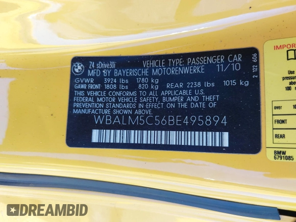 2011 BMW Z4 sDrive30i с VIN WBALM5C56BE495894, выставлен на аукционе IAAI как лот 41749017 с пробегом 38 987 миль миль и . История ставок и продаж доступна на DreamBid. Изображение 9.
