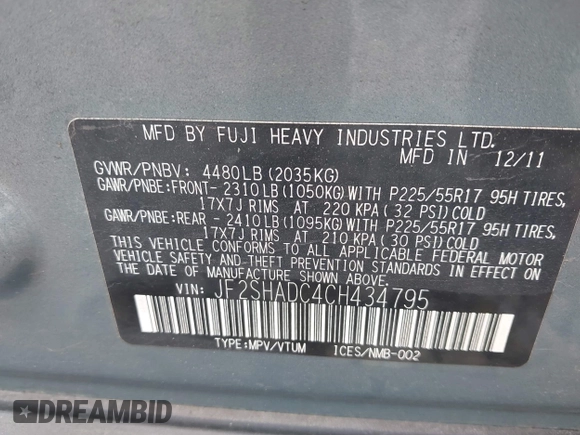 2012 Subaru Forester X Premium with VIN JF2SHADC4CH434795, listed as a IAAI auction lot 42669666 with 107,015 mi miles and . Bid and sale history available at DreamBid. Image 9.