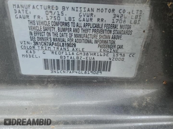2016 Nissan Versa SV z VIN 3N1CN7AP4GL819029, wystawiony jako Copart lot #64666945 z przebiegiem Nie podano mil oraz Czysty tytuł • Clean title. Historia ofert i sprzedaży dostępna na DreamBid. Obrazek 12.
