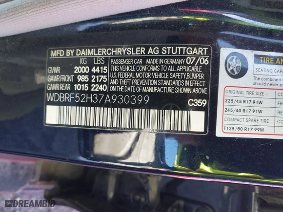 2007 Mercedes-Benz C-Class 2.5L Sport with VIN WDBRF52H37A930399, listed as a IAAI auction lot 41592824 with NaN miles. Bid and sale history available at carsss.com. Image 9.