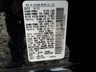 2012 Nissan Murano S with VIN JN8AZ1MUXCW122089, listed as a Copart auction lot 57263914 with 142,263 mi miles and Salvage Title. Bid and sale history available at carsss.com. Image 15.